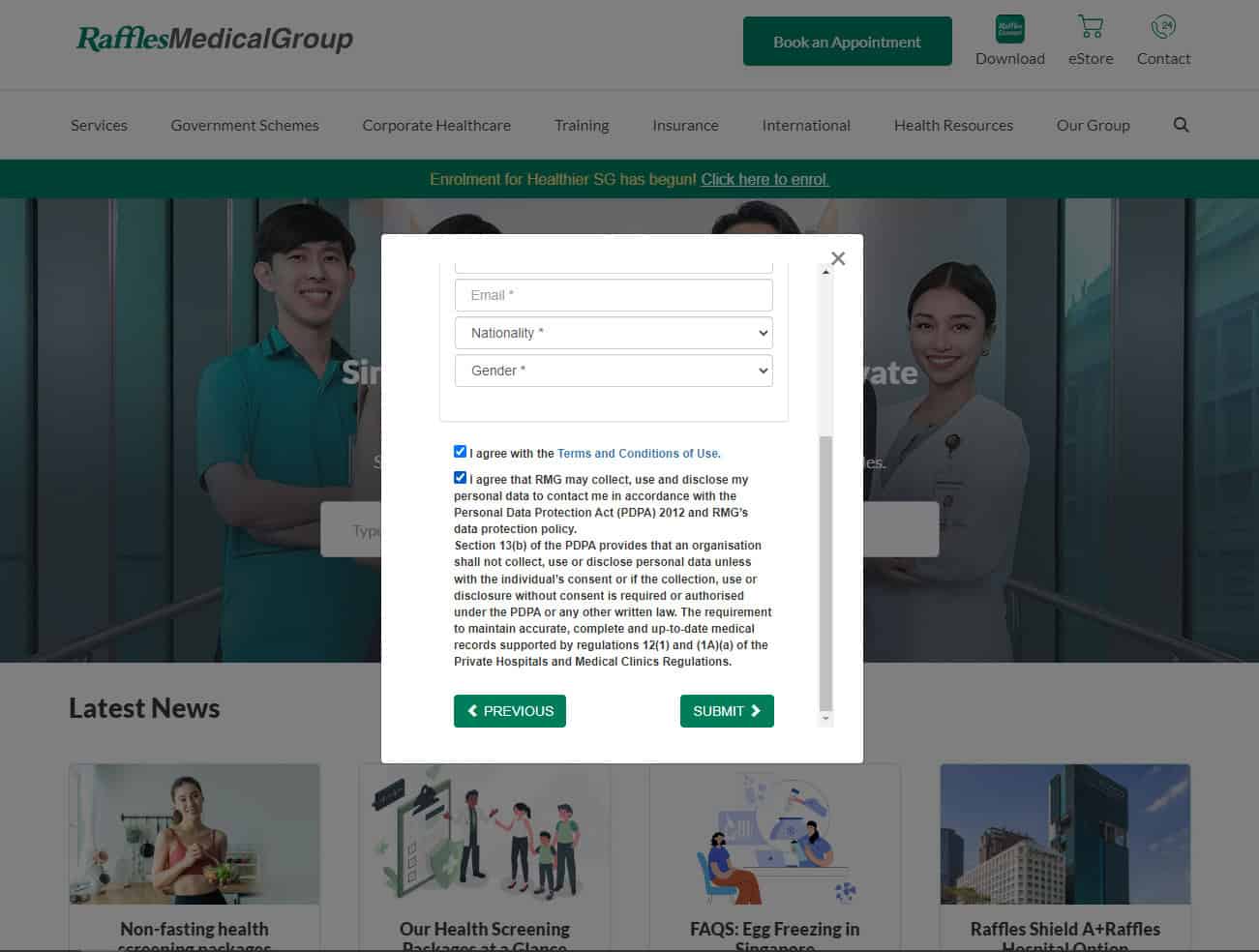 Click submit for appointment PDPA and T&C agreement