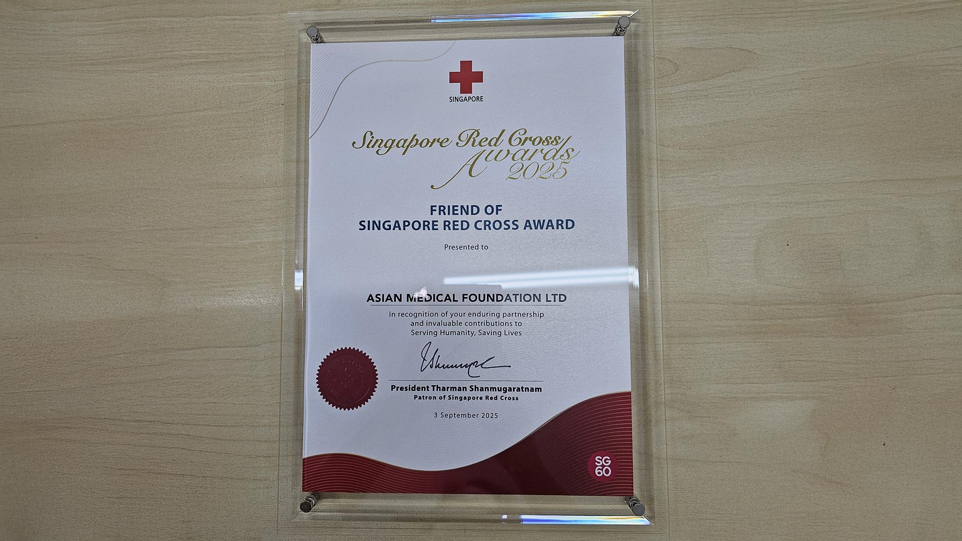 Friend of Singapore Red Cross Award certificate Asia Medical Fonudation