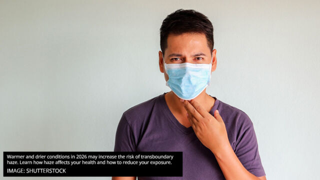 A man wearing a face mask during haze conditions, accompanied by advice on how haze may affect health and how to reduce exposure.