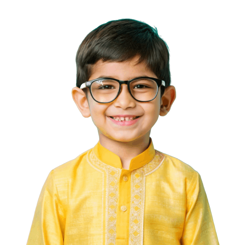 Illustration of a child wearing glasses introducing short-sightedness (myopia), a common childhood eye condition affecting around one in three children worldwide.