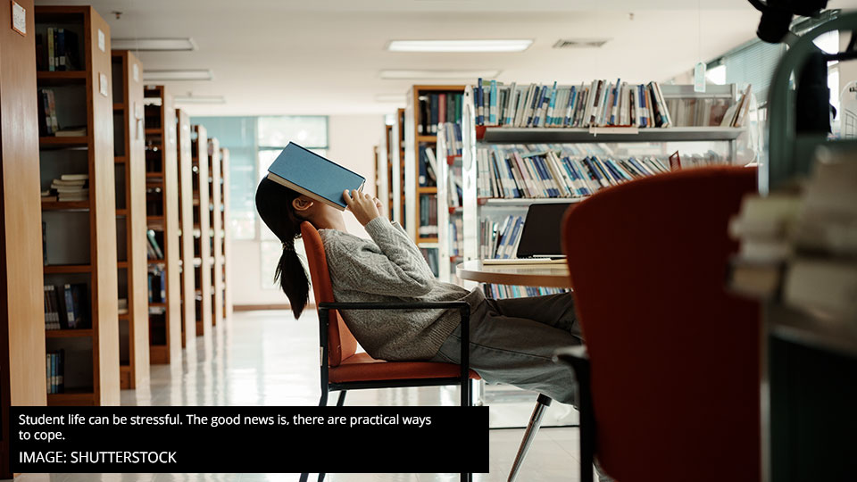 A student taking a break from studying in a library, illustrating stress and fatigue during student life.