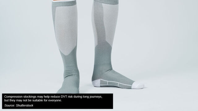 Person wearing knee-high compression stockings to support blood circulation during long-distance travel.